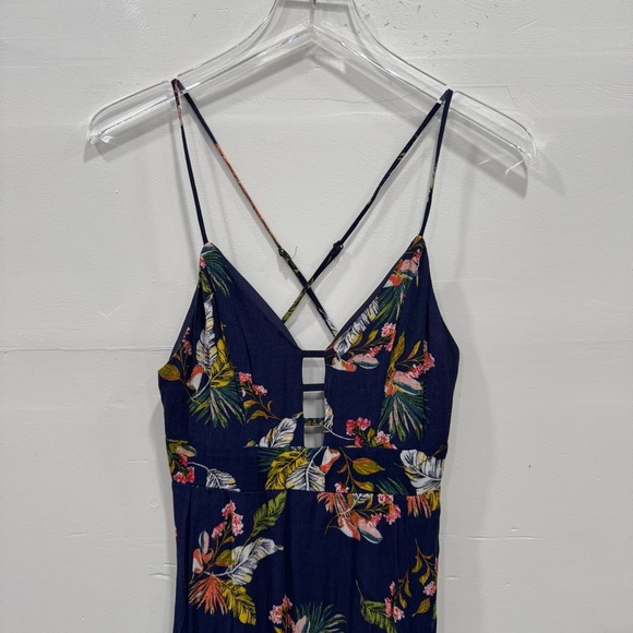 Aqua Tropical Print Maxi Dress Front Slit Open Back Small - Picture 5 of 10